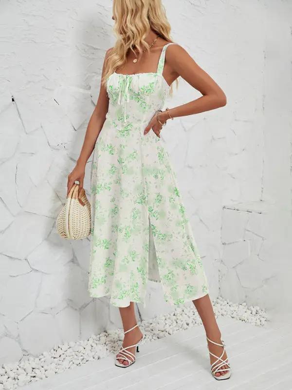 Green floral long dress with square neckline