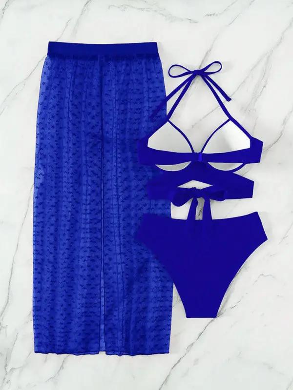 Blue bikini three-piece set with mesh skirt