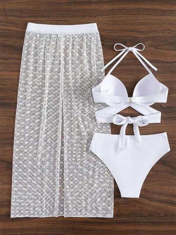 White bikini three-piece set with mesh skirt