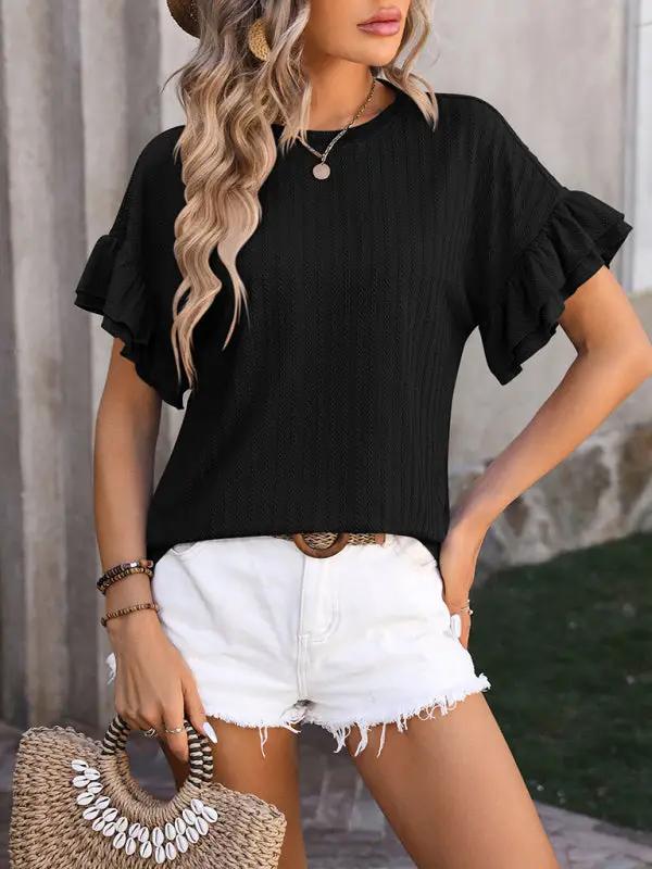 Black ruffle sleeve round neck T-shirt