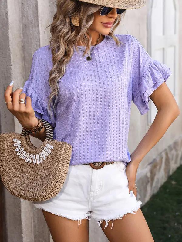 Purple ruffle sleeve round neck T-shirt