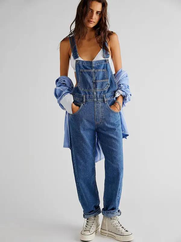 Casual blue denim overalls with front pockets