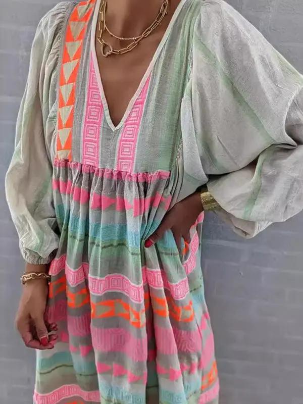 Loose puff sleeve dress with colorful geometric patterns