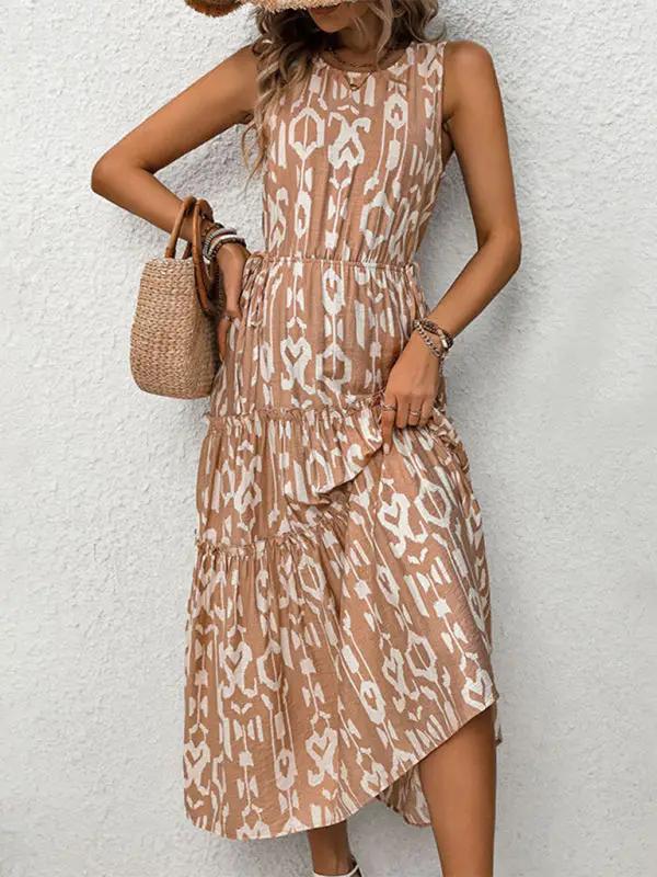 Back view of sleeveless printed dress