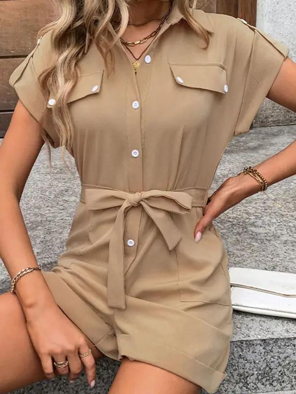 Casual beige jumpsuit with waist tie