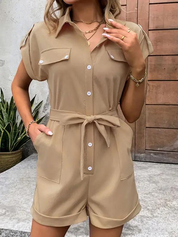High waist lapel jumpsuit with pockets