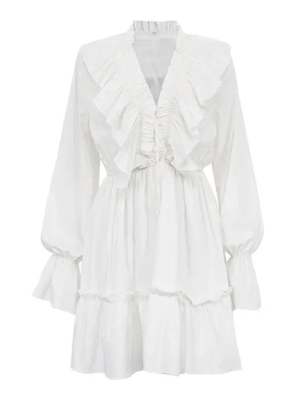 Front view of white dress with deep V-neck and ruffles