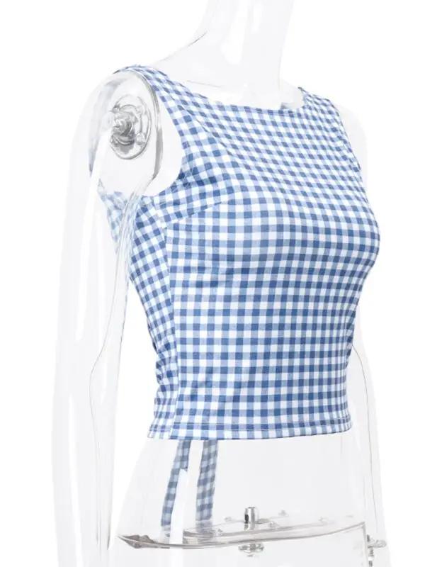 Side view of houndstooth slim vest with bow strap