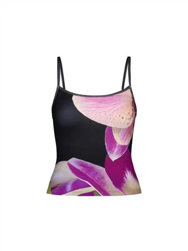 Black vest with large pink floral design