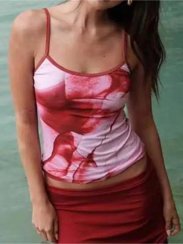Red and white tie-dye slim vest with red skirt