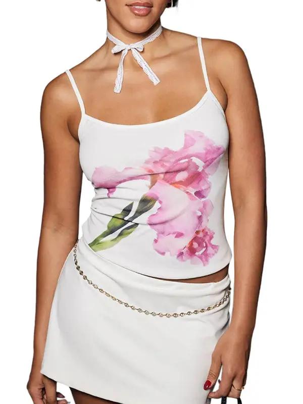 White vest with pink floral print and white skirt