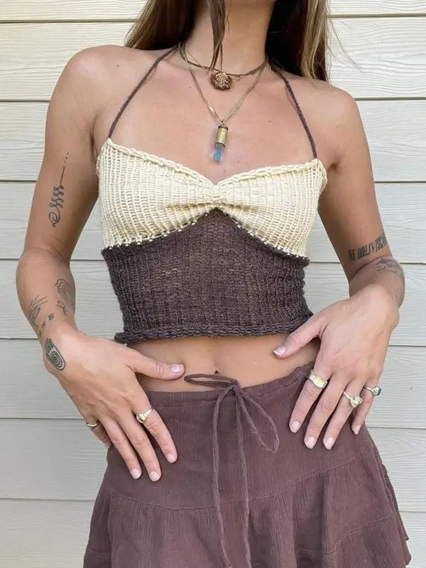 Beige and brown woolen suspender vest