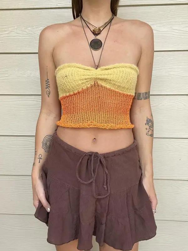 Yellow and orange strapless woolen vest