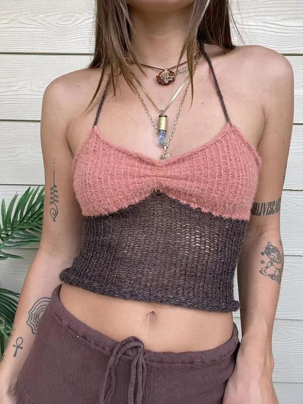 Pink and brown woolen patchwork beach vest