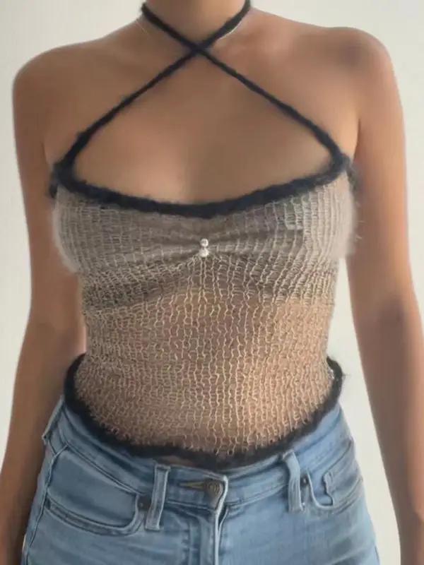 Front view of slim fit contrast color suspender top in black and beige
