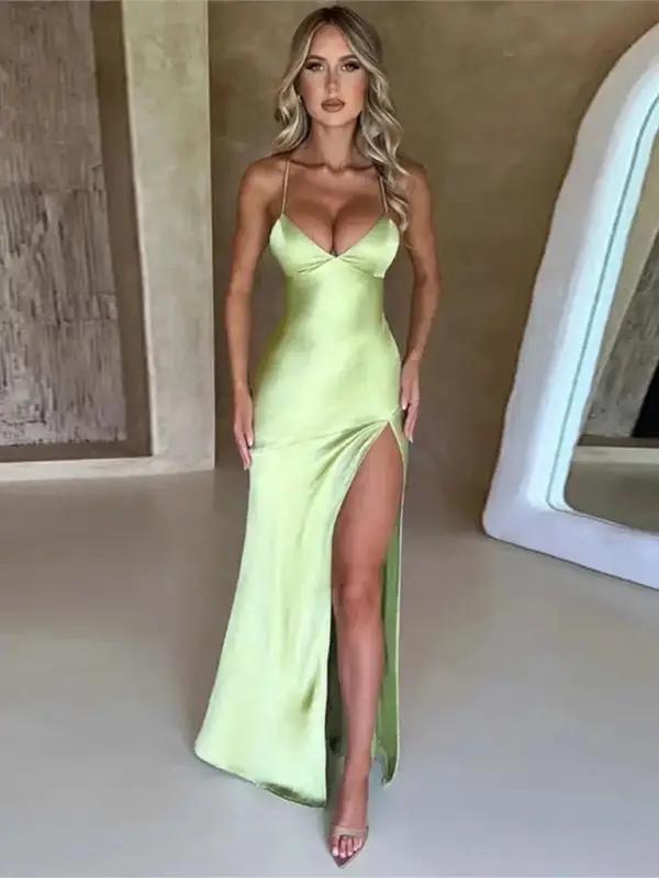 Green satin V-neck slit backless long dress