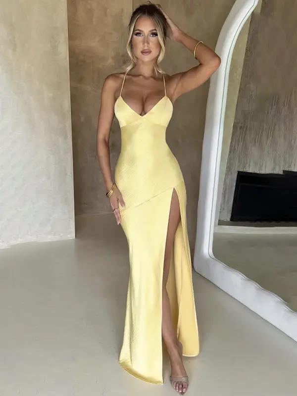 Yellow satin V-neck slit backless long dress