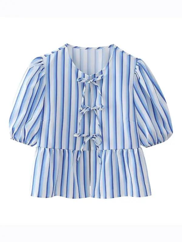 Blue striped puff sleeve lace-up top, front view