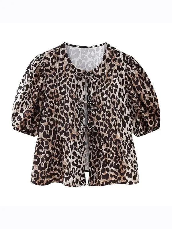 Leopard print puff sleeve lace-up top, front view