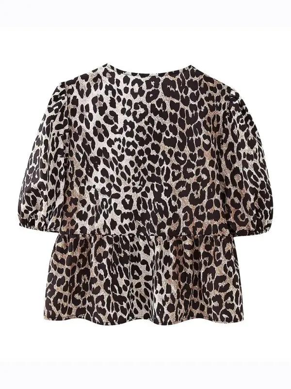 Leopard print puff sleeve lace-up top, back view
