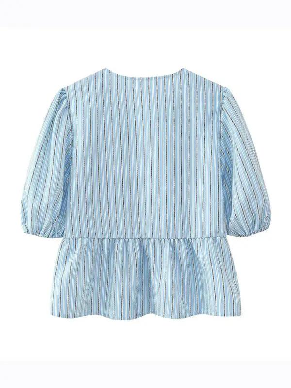 Light blue striped puff sleeve lace-up top, back view