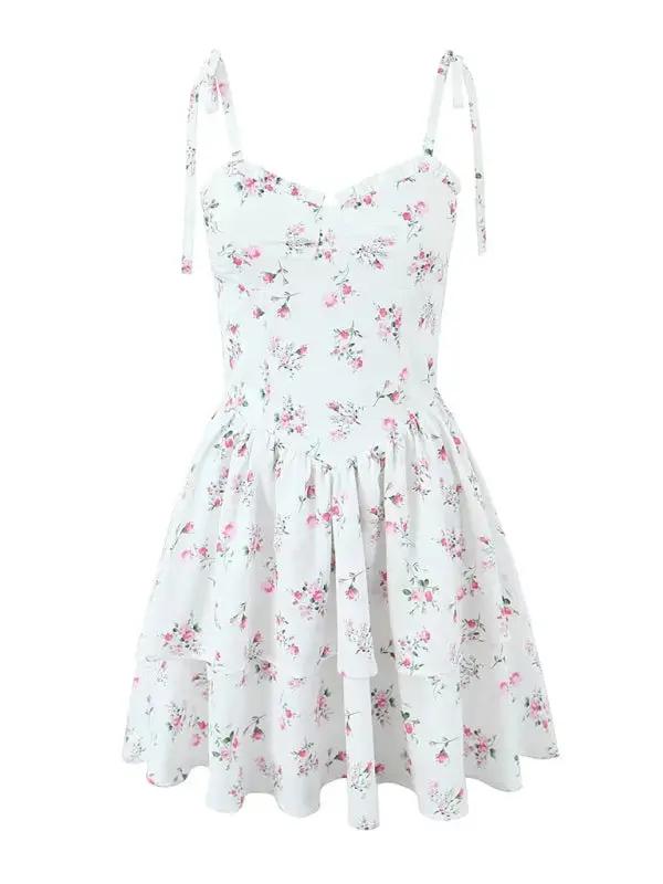 Full view of floral lace-up layered suspender dress