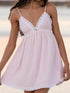 Pink lace V-neck suspender dress on model