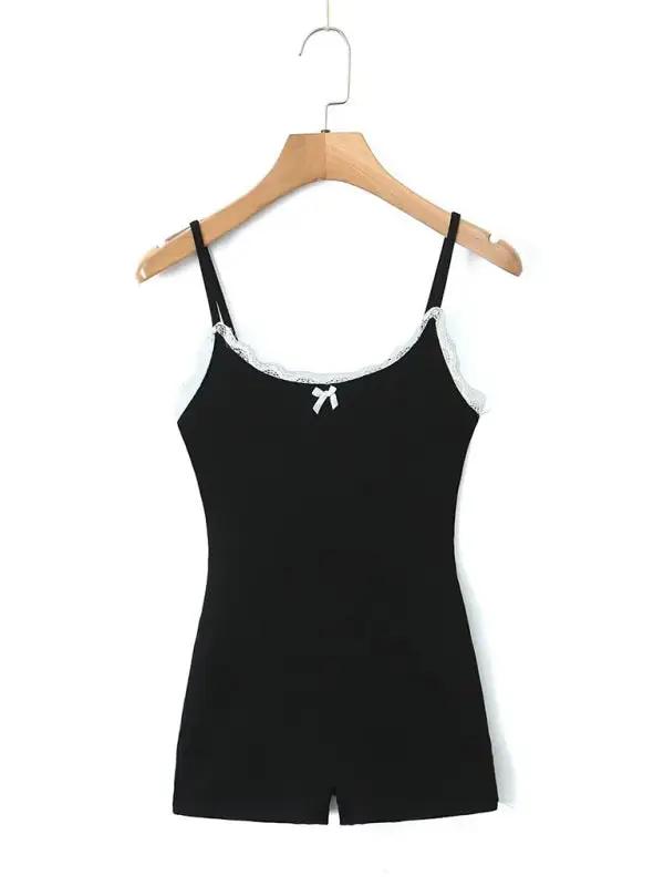 Black lace U-neck suspender jumpsuit back view