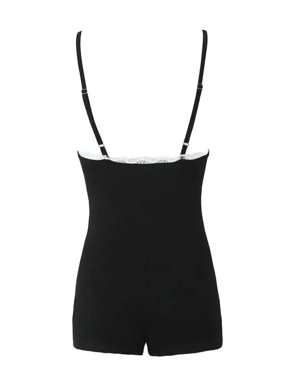 Black lace U-neck suspender jumpsuit rear view
