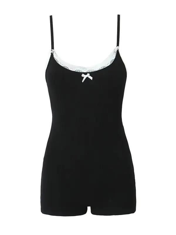 Black lace U-neck suspender jumpsuit front view