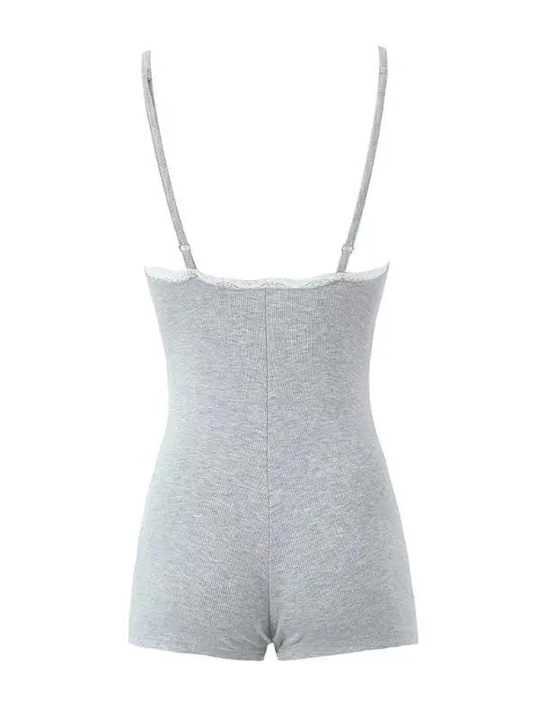 Gray lace U-neck suspender jumpsuit rear view