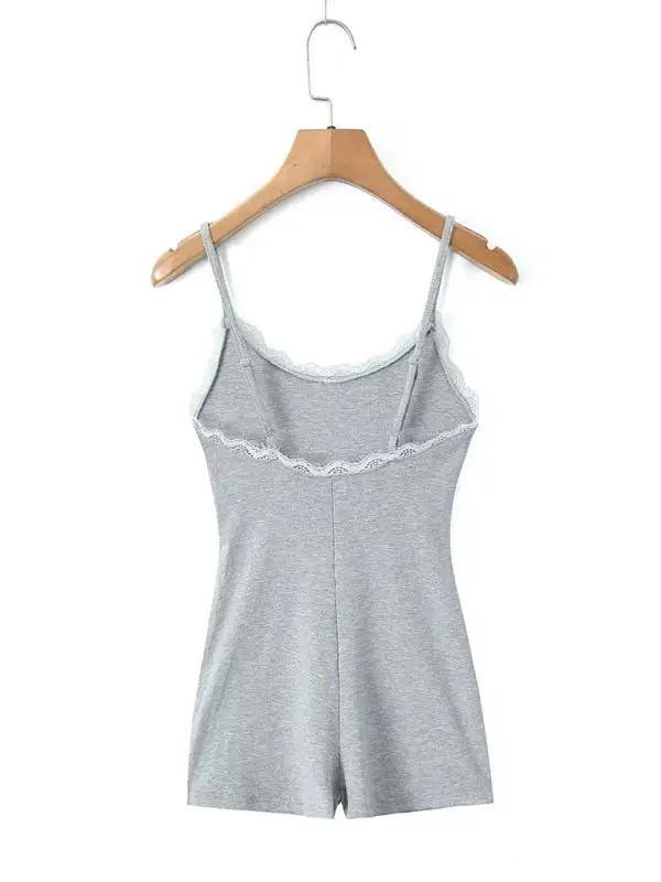 Gray lace U-neck suspender jumpsuit back view on hanger