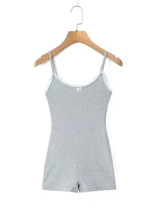 Gray lace U-neck suspender jumpsuit back view