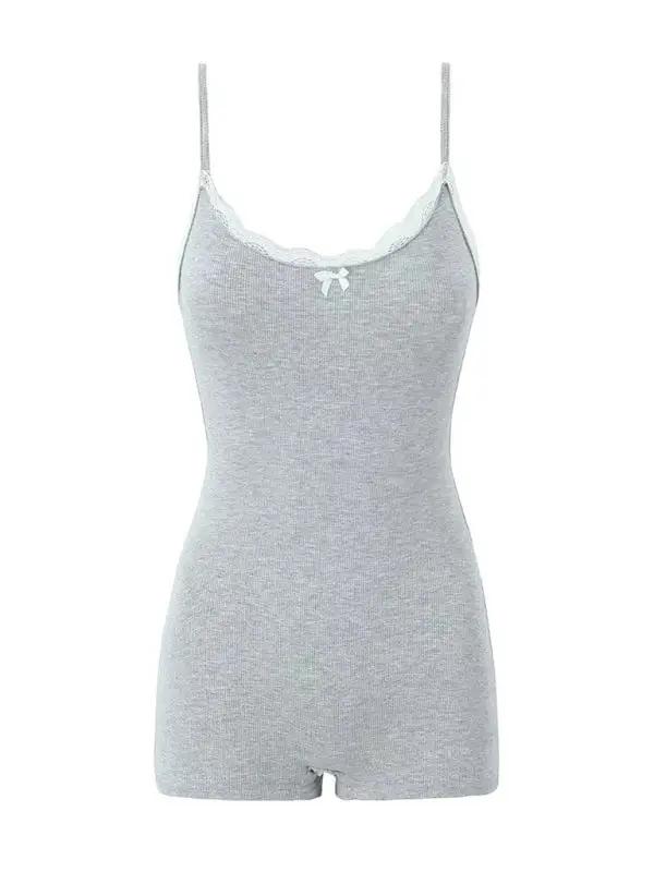 Gray lace U-neck suspender jumpsuit front view
