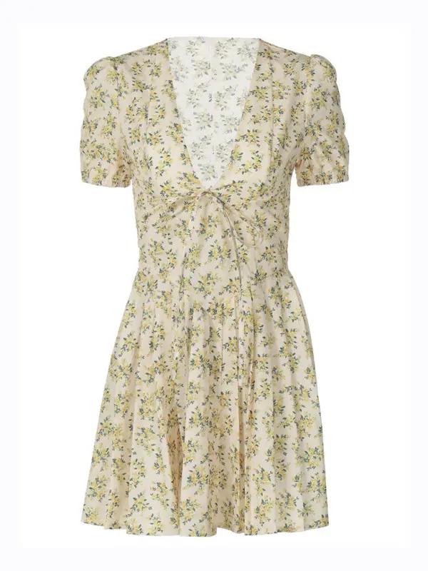 Short sleeve floral dress with deep V and pleats