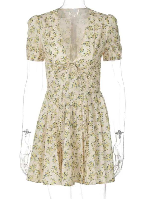 Medium pleated floral dress with deep V neckline