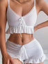 White lace ruffle suspender bra and shorts set, front view