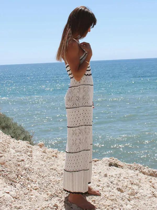 Side view of knitted hollow dress near ocean