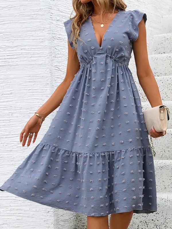 Side view of blue ruffle sleeve jacquard dress