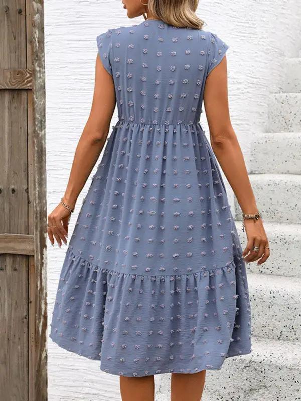 Back view of blue ruffle sleeve jacquard dress