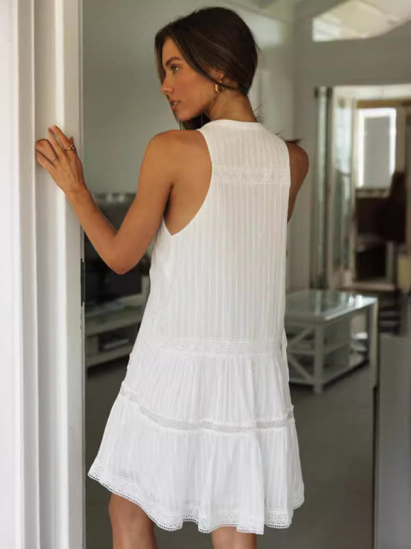 Damen Urlaubsrock Spitzennähte Stehkragen Knopfleiste Tellerrock Kleid