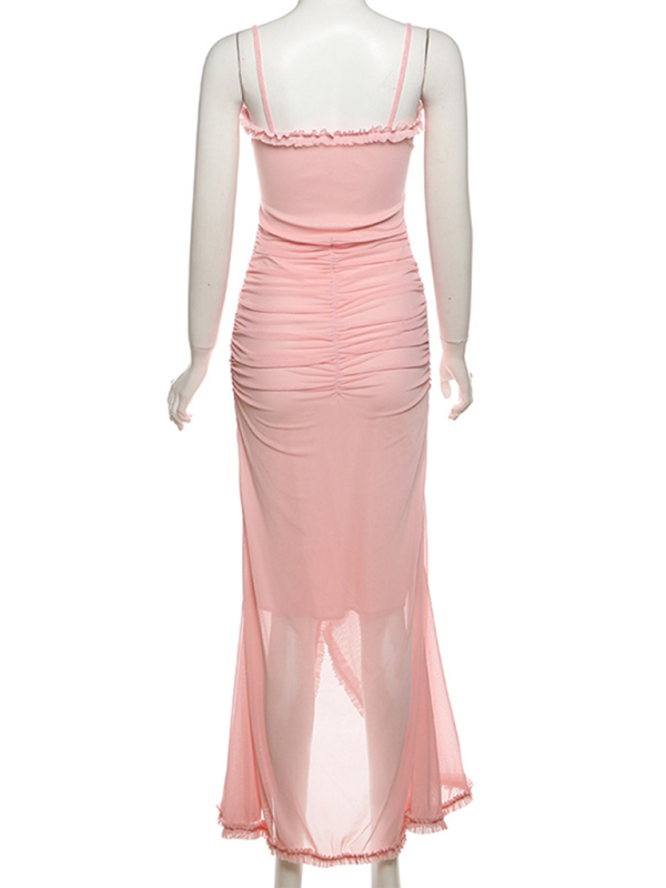 Damenkleid im neuen Stil mit hohlen, einfarbigen Schlitzen und unregelmäßigen Hosenträgern