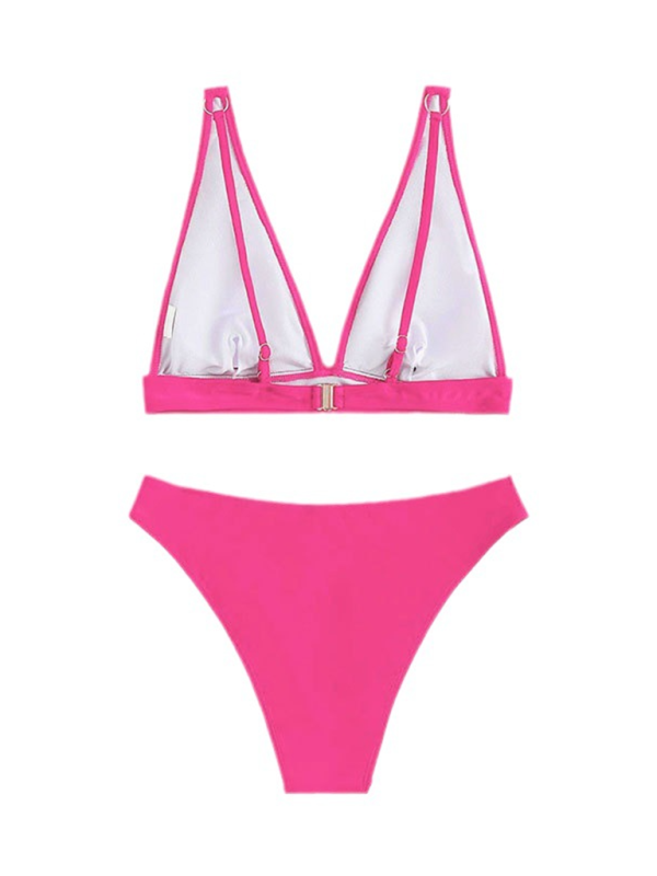 Neuer Push-Up-Bikini-Badeanzug mit hoher Taille und Bügel in fester Farbe mit Triangel-Cups