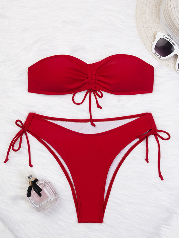 Einfarbiger Triangel-Bikini, sexy Tube-Top, Bikini mit Kordelzug