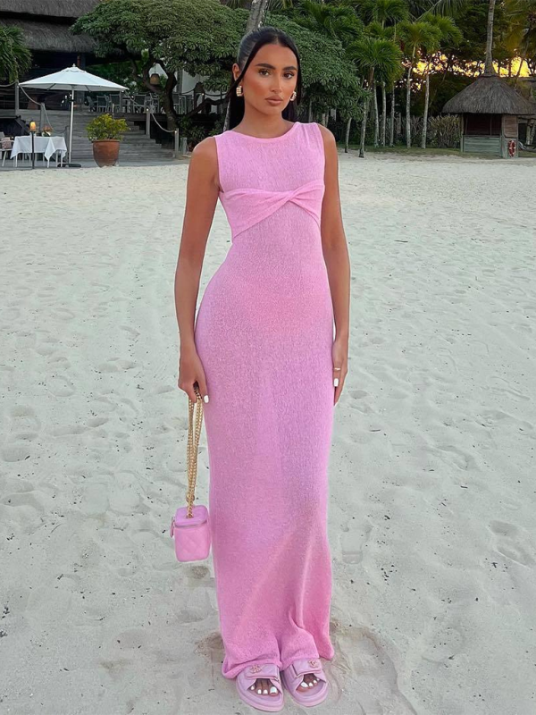 Ärmelloses, enges, einfarbiges, gestricktes Strandkleid mit Rundhalsausschnitt