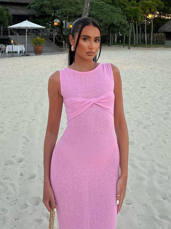 Ärmelloses, enges, einfarbiges, gestricktes Strandkleid mit Rundhalsausschnitt