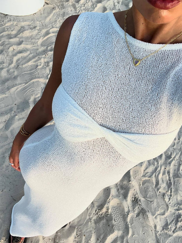 Ärmelloses, enges, einfarbiges, gestricktes Strandkleid mit Rundhalsausschnitt