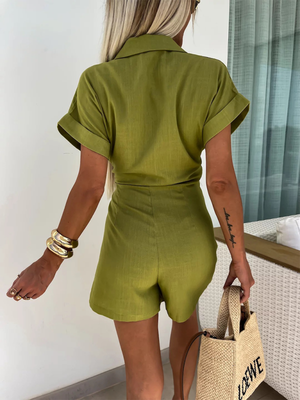 Neuer lässiger Jumpsuit mit Revers und kurzen Ärmeln für Damen