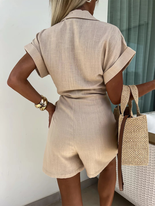Neuer lässiger Jumpsuit mit Revers und kurzen Ärmeln für Damen