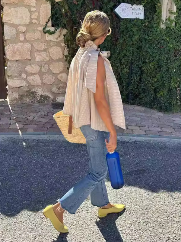 Neues lässiges, lockeres, ärmelloses, gestreiftes Oberteil mit Rüschenkragen für Damen